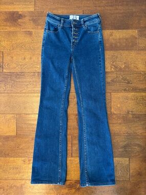 We The Free Dark Blue High-Rise Flare Button-Fly Jeans